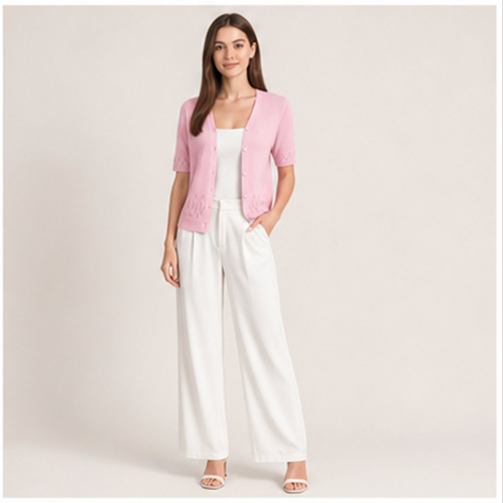 Women's Short Sleeve Spring Sweater, Lightweight Cotton Cardigan, Button Up V Neck Dressy Casual Cute Tops - model view